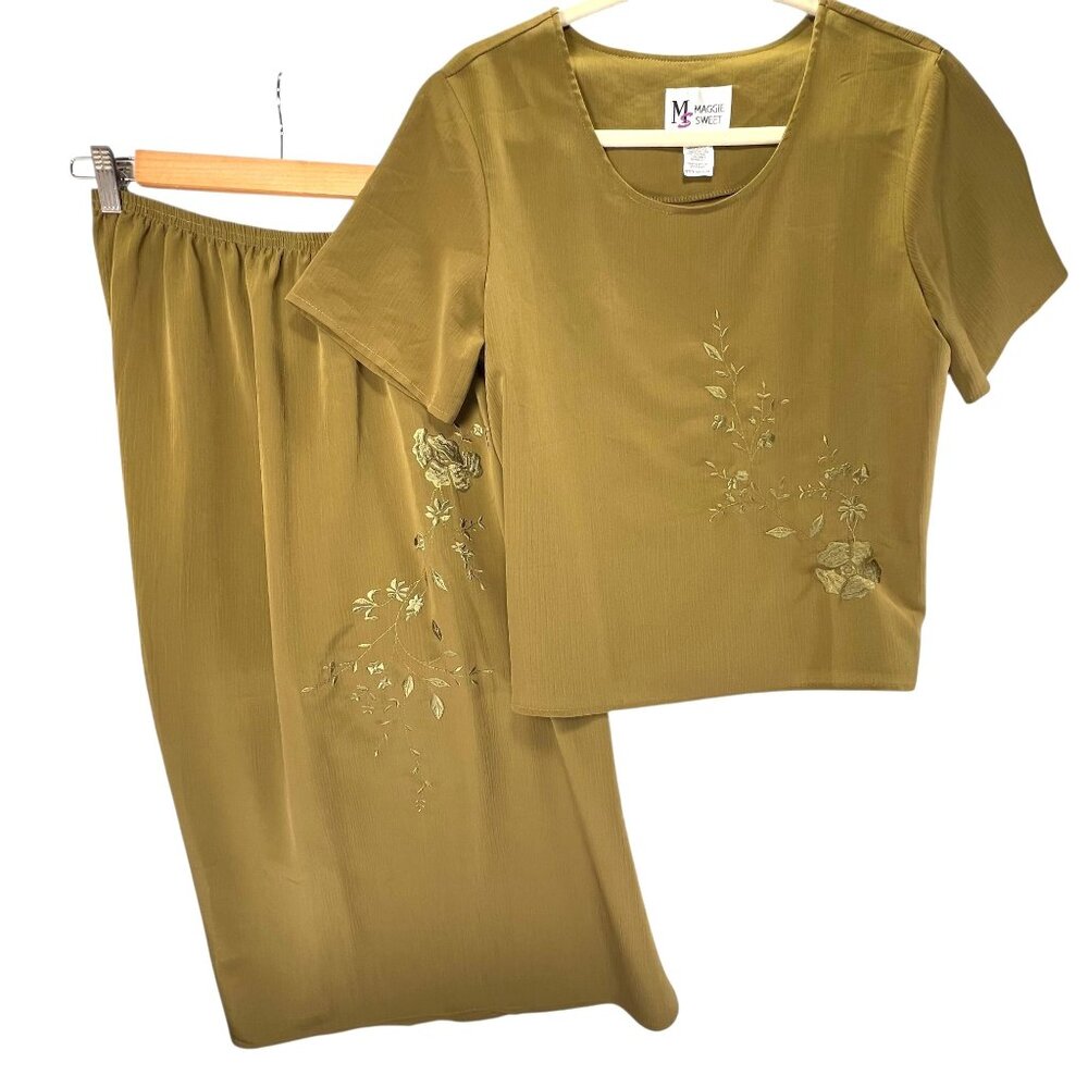Vtg Maggie Sweet Olive Green Embroidered Skirt Top Set of 2 Petite Medium USA